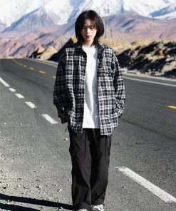 Unisex Black and White Checkered Shirt Jacket - Versatile American Retro Loose Style for Spring and Autumn, Trendy Fashion Statement