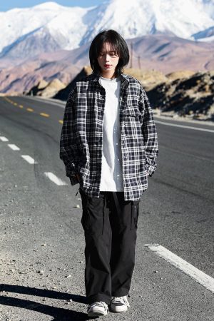 Unisex Black and White Checkered Shirt Jacket - Versatile American Retro Loose Style for Spring and Autumn, Trendy Fashion Statement