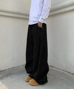 Unisex Black Wide-Leg Curved Blade Pants - Loose Flared Denim, Niche Design, American Retro Style, Trendy 90s Fashion