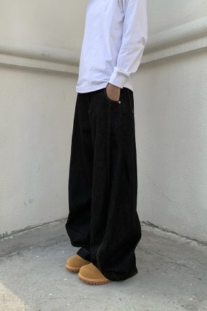 Unisex Black Wide-Leg Curved Blade Pants - Loose Flared Denim, Niche Design, American Retro Style, Trendy 90s Fashion