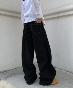 Unisex Black Wide-Leg Curved Blade Pants - Loose Flared Denim, Niche Design, American Retro Style, Trendy 90s Fashion