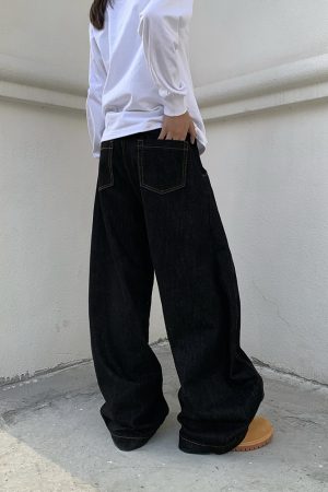 Unisex Black Wide-Leg Curved Blade Pants - Loose Flared Denim, Niche Design, American Retro Style, Trendy 90s Fashion