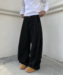 Unisex Black Wide-Leg Curved Blade Pants - Loose Flared Denim, Niche Design, American Retro Style, Trendy 90s Fashion