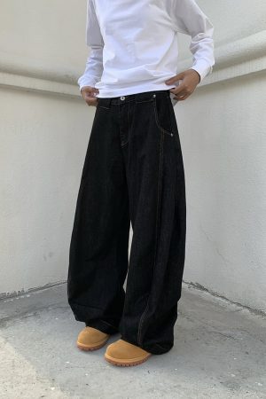 Unisex Black Wide-Leg Curved Blade Pants - Loose Flared Denim, Niche Design, American Retro Style, Trendy 90s Fashion