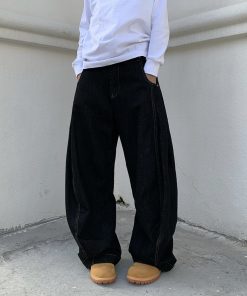 Unisex Black Wide-Leg Curved Blade Pants - Loose Flared Denim, Niche Design, American Retro Style, Trendy 90s Fashion