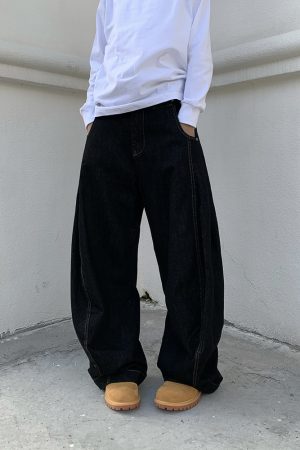 Unisex Black Wide-Leg Curved Blade Pants - Loose Flared Denim, Niche Design, American Retro Style, Trendy 90s Fashion