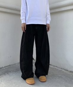 Unisex Black Wide-Leg Curved Blade Pants - Loose Flared Denim, Niche Design, American Retro Style, Trendy 90s Fashion