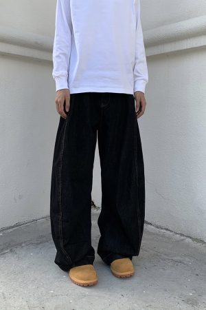 Unisex Black Wide-Leg Curved Blade Pants - Loose Flared Denim, Niche Design, American Retro Style, Trendy 90s Fashion