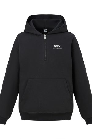 Unisex Casual Half-Zip Hoodie with P Letter Streetwear Logo - Trendy Fashion Jacket for Urban Style