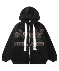 Unisex Green Lamb Wool Winter Hoodie Jacket - Vintage American College Style with Zipper