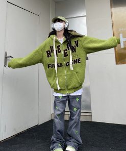 Unisex Green Lamb Wool Winter Hoodie Jacket - Vintage American College Style with Zipper