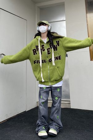 Unisex Green Lamb Wool Winter Hoodie Jacket - Vintage American College Style with Zipper