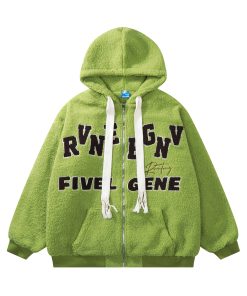 Unisex Green Lamb Wool Winter Hoodie Jacket - Vintage American College Style with Zipper