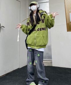 Unisex Green Lamb Wool Winter Hoodie Jacket - Vintage American College Style with Zipper