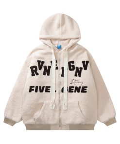 Unisex Green Lamb Wool Winter Hoodie Jacket - Vintage American College Style with Zipper