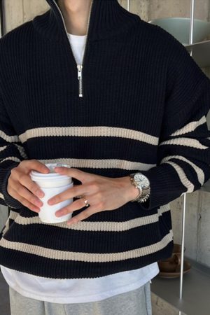 Unisex Half-Zip Stand Collar Striped Sweater - English College Style Casual Knit Top for Autumn and Winter