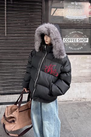 Unisex Heavy Embroidery Fur Collar Cotton Jacket - Thick American Retro Hooded Parka for Winter Fashion