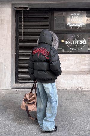 Unisex Heavy Embroidery Fur Collar Cotton Jacket - Thick American Retro Hooded Parka for Winter Fashion