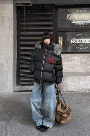 Unisex Heavy Embroidery Fur Collar Cotton Jacket - Thick American Retro Hooded Parka for Winter Fashion