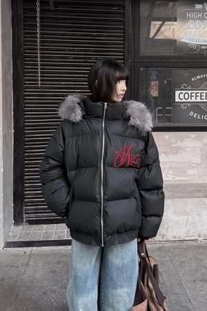 Unisex Heavy Embroidery Fur Collar Cotton Jacket - Thick American Retro Hooded Parka for Winter Fashion