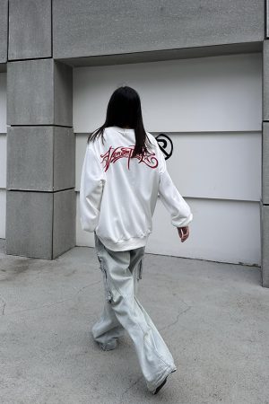 Unisex Heavyweight Floral Embroidery Sweatshirt - Thin Long Sleeve Round Neck Top, American Style, High Street Fashion
