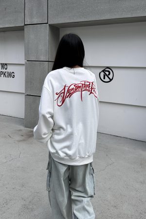 Unisex Heavyweight Floral Embroidery Sweatshirt - Thin Long Sleeve Round Neck Top, American Style, High Street Fashion