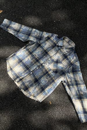 Unisex Ink Dye Tassel Plaid Long Sleeve Shirt Jacket â€“ Trendy High Street Style for Spring and Autumn