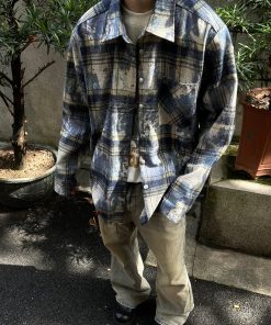 Unisex Ink Dye Tassel Plaid Long Sleeve Shirt Jacket – Trendy High Street Style for Spring and Autumn