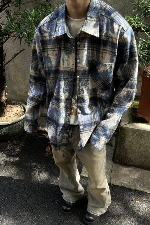 Unisex Ink Dye Tassel Plaid Long Sleeve Shirt Jacket â€“ Trendy High Street Style for Spring and Autumn
