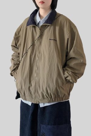 Unisex Japanese Harajuku Stand Collar Jacket - Retro City Boy Oversized Workwear Coat for Fall