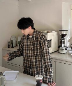 Unisex Japanese Retro Color-Blocked Plaid Long Sleeve Shirt Jacket - Loose BF Style for Spring & Autumn Fashion