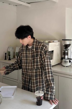 Unisex Japanese Retro Color-Blocked Plaid Long Sleeve Shirt Jacket - Loose BF Style for Spring & Autumn Fashion