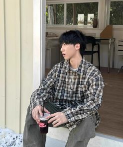 Unisex Japanese Retro Color-Blocked Plaid Long Sleeve Shirt Jacket - Loose BF Style for Spring & Autumn Fashion