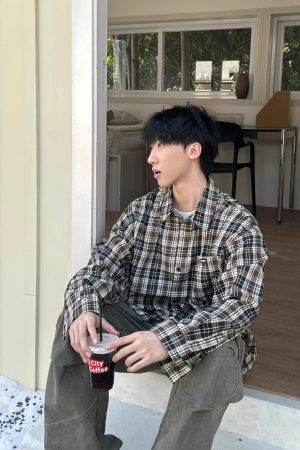 Unisex Japanese Retro Color-Blocked Plaid Long Sleeve Shirt Jacket - Loose BF Style for Spring & Autumn Fashion