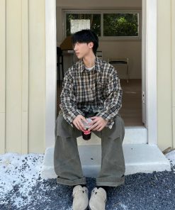 Unisex Japanese Retro Color-Blocked Plaid Long Sleeve Shirt Jacket - Loose BF Style for Spring & Autumn Fashion