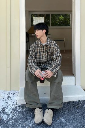 Unisex Japanese Retro Color-Blocked Plaid Long Sleeve Shirt Jacket - Loose BF Style for Spring & Autumn Fashion