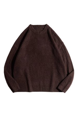 Unisex Japanese Retro Knitted Sweater - Solid Color, Loose Fit, Melange Round Neck for Autumn & Winter Fashion