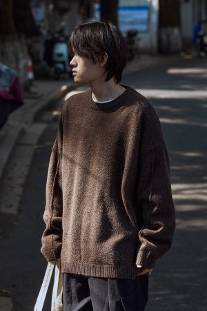 Unisex Japanese Retro Knitted Sweater - Solid Color, Loose Fit, Melange Round Neck for Autumn & Winter Fashion