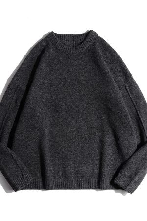 Unisex Japanese Retro Knitted Sweater - Solid Color, Loose Fit, Melange Round Neck for Autumn & Winter Fashion