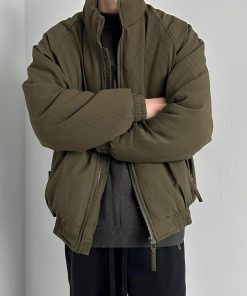 Unisex Japanese Retro Vertical Striped Thickened Cotton Jacket with Stand Collar - Winter Neutral Loose Bread Coat