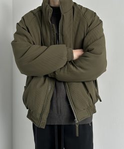 Unisex Japanese Retro Vertical Striped Thickened Cotton Jacket with Stand Collar - Winter Neutral Loose Bread Coat