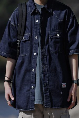 Unisex Japanese-Style Denim Short Sleeve Shirt Jacket, Loose-Fit Multi-Pocket Casual Top, Trendy Workwear Inspired by Y2K Fashion