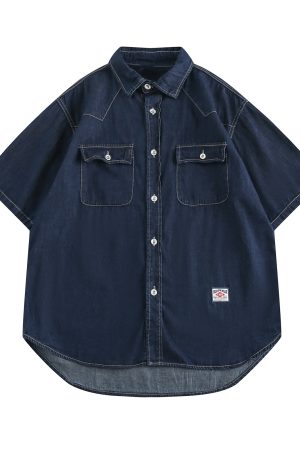 Unisex Japanese-Style Denim Short Sleeve Shirt Jacket, Loose-Fit Multi-Pocket Casual Top, Trendy Workwear Inspired by Y2K Fashion