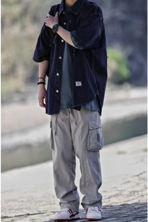 Unisex Japanese-Style Denim Short Sleeve Shirt Jacket, Loose-Fit Multi-Pocket Casual Top, Trendy Workwear Inspired by Y2K Fashion