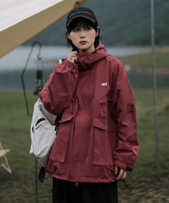 Unisex Japanese-Style Hooded Windbreaker Jacket, Multi-Pocket Waterproof Workwear for Spring & Autumn, Casual City Boy Fashion