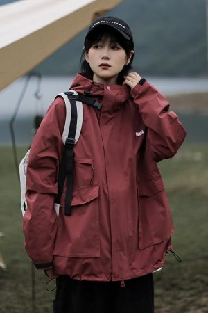 Unisex Japanese-Style Hooded Windbreaker Jacket, Multi-Pocket Waterproof Workwear for Spring & Autumn, Casual City Boy Fashion
