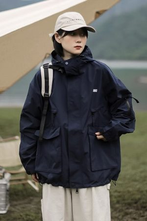 Unisex Japanese-Style Hooded Windbreaker Jacket, Multi-Pocket Waterproof Workwear for Spring & Autumn, Casual City Boy Fashion