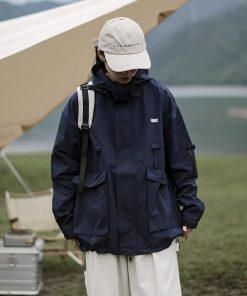 Unisex Japanese-Style Hooded Windbreaker Jacket, Multi-Pocket Waterproof Workwear for Spring & Autumn, Casual City Boy Fashion
