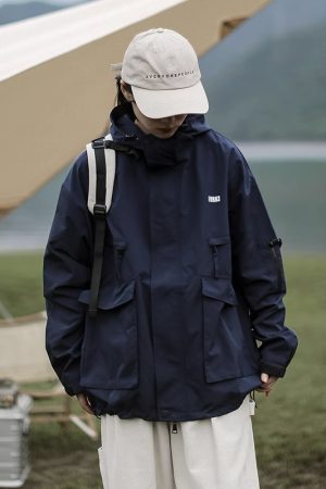 Unisex Japanese-Style Hooded Windbreaker Jacket, Multi-Pocket Waterproof Workwear for Spring & Autumn, Casual City Boy Fashion