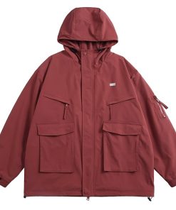 Unisex Japanese-Style Hooded Windbreaker Jacket, Multi-Pocket Waterproof Workwear for Spring & Autumn, Casual City Boy Fashion